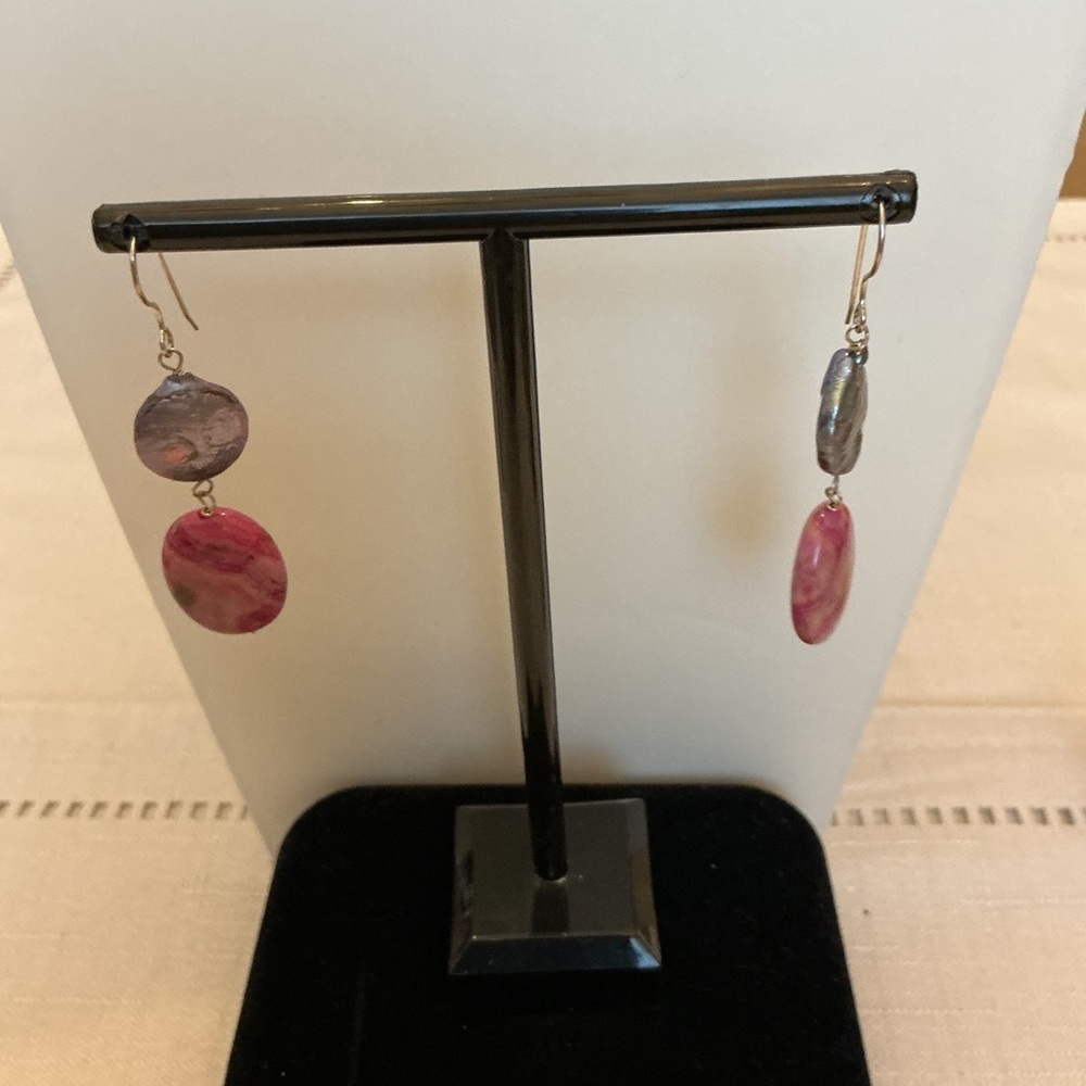 Pink Agate and Iridescent Pearl Silver Tone Drop Earrings